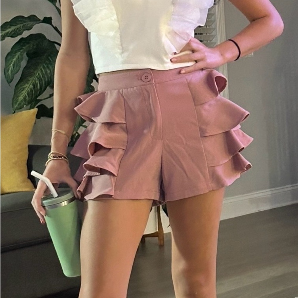 Elegant Mauve Ruffled High Waist Shorts